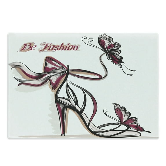 Pink Cutting Board, High Heel Shoes with Butterfly and Ribbon Ornamentals Be Grace Spruceness Theme, Decorative Tempered Glass Cutting and Serving Board, Large Size, Dried Rose Black, by Ambesonne