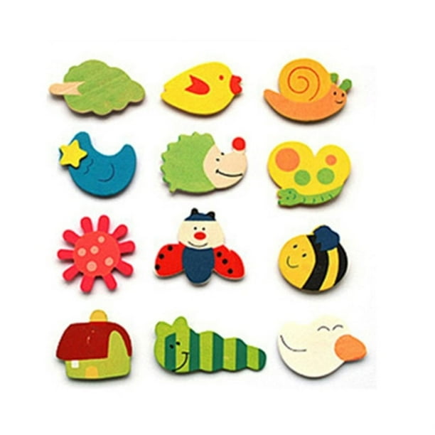 12Pcs Set Cute Fridge Magnet Wooden Cartoon Shape Educational Toys for Baby Kids