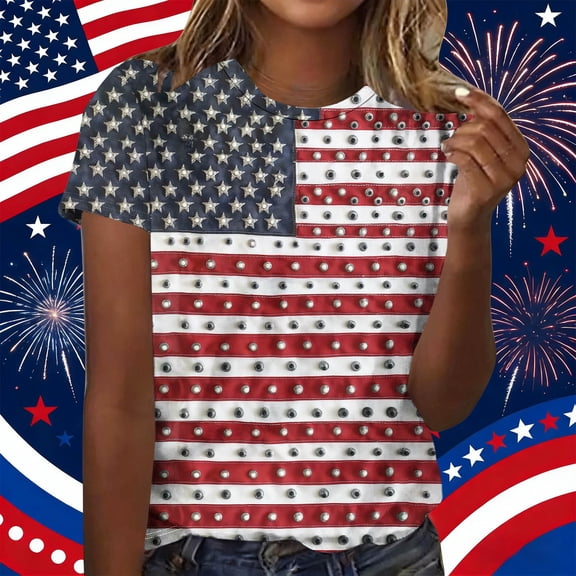 NTACZA Crew Neck Summer Tops for Women 2026 T‑Shirts Faux Studded American Flag Print Short Sleeve Casual Graphic Tees Festival Relaxed Fit Yellow