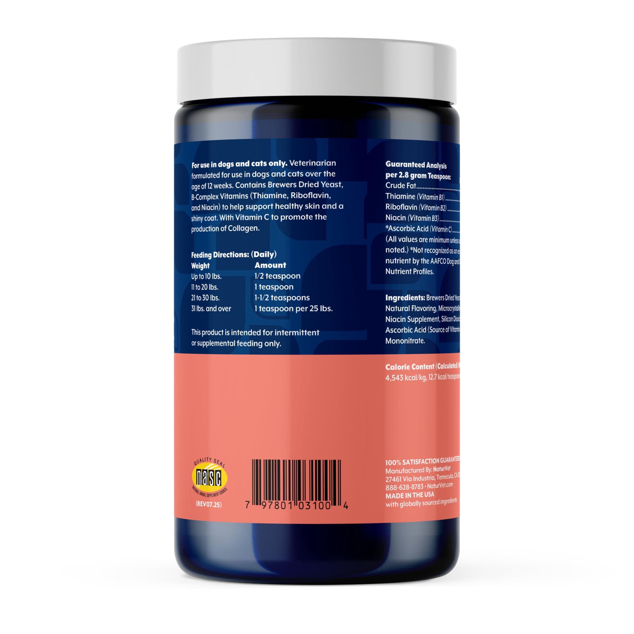 NaturVet Brewers Dried Yeast with Vitamins Skin & Coat Supplement for Dogs and Cats, 1 lb Powder