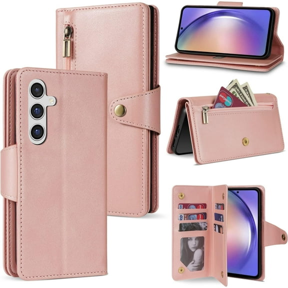 Compatible with Samsung Galaxy A54 5G Case Wallet with RFID Blocking Card Slot Flip Leather Zipper with Strap Protective Phone Case for Samsung Galaxy A54 5G Wallet Case(Pink-6.5 inch)