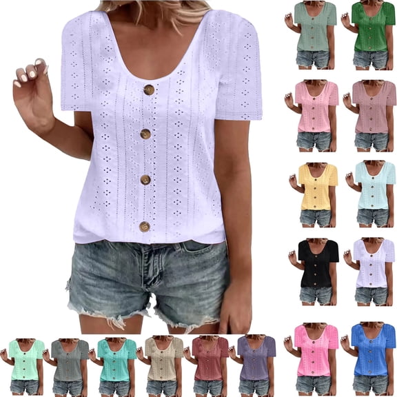 Women Fashion Tops Ndbuld Womens Fashion Summer Short Sleeve Round-Neck Solid Casaul Tops T-shirt Christmas Gifts Purple XXXXL