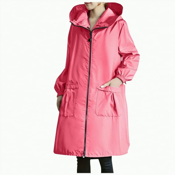 Towmus Rain Jackets for Women Plus Size Solid Color Rain Jacket Outdoor Hooded Windproof Loose With Pocket Coat Hooded Windbreaker