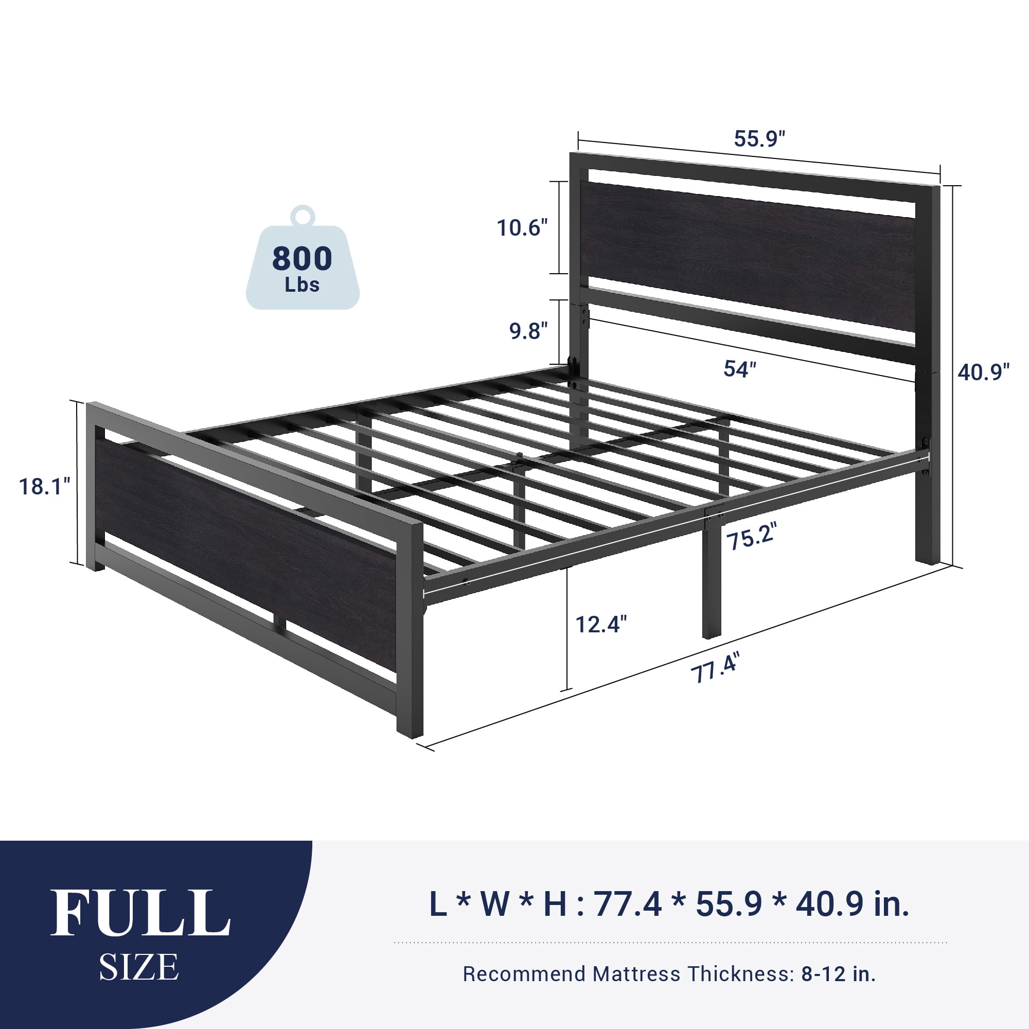 Allewie Full Bed Frame, Metal Platform Bed Frame with Wooden Headboard, 12.4" Under-Bed Storage, Black