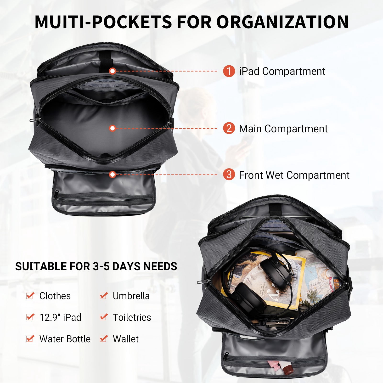 WITZMAN Weekender Bags for Men Women Carry on Duffle Overnight Bag with Toiletry Bag Sets Travel Duffel Bag Shoes Compartment（B694 Silvery Grey）