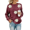 thumbnail image 2 of WTXUE Women's Oversized Floral Knitted Crewneck Pullover Sweater with Flower Embroidery Casual Long Sleeve Lightweight Ribbed Knit Tunic Sweaters Dressy Casual Tops Wine M, 2 of 9