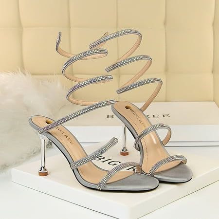 

Women‘s Pointed Toe Pumps Stiletto Open Toe Rhinestone Wrap Around Belt Party Sandals Prom Shoes