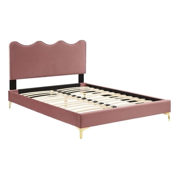 Maklaine Modern Performance Velvet Queen Platform Bed - Dusty Rose Pink