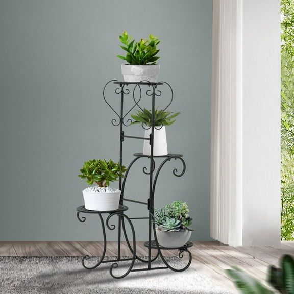 Peakora 4 Tier Decorative Plant Stand Indoor Outdoor Metal Black Flower Pot Holder Display Vertical Shelves Shelf Spray Coating Corner Planter Rack Multiple Organizer