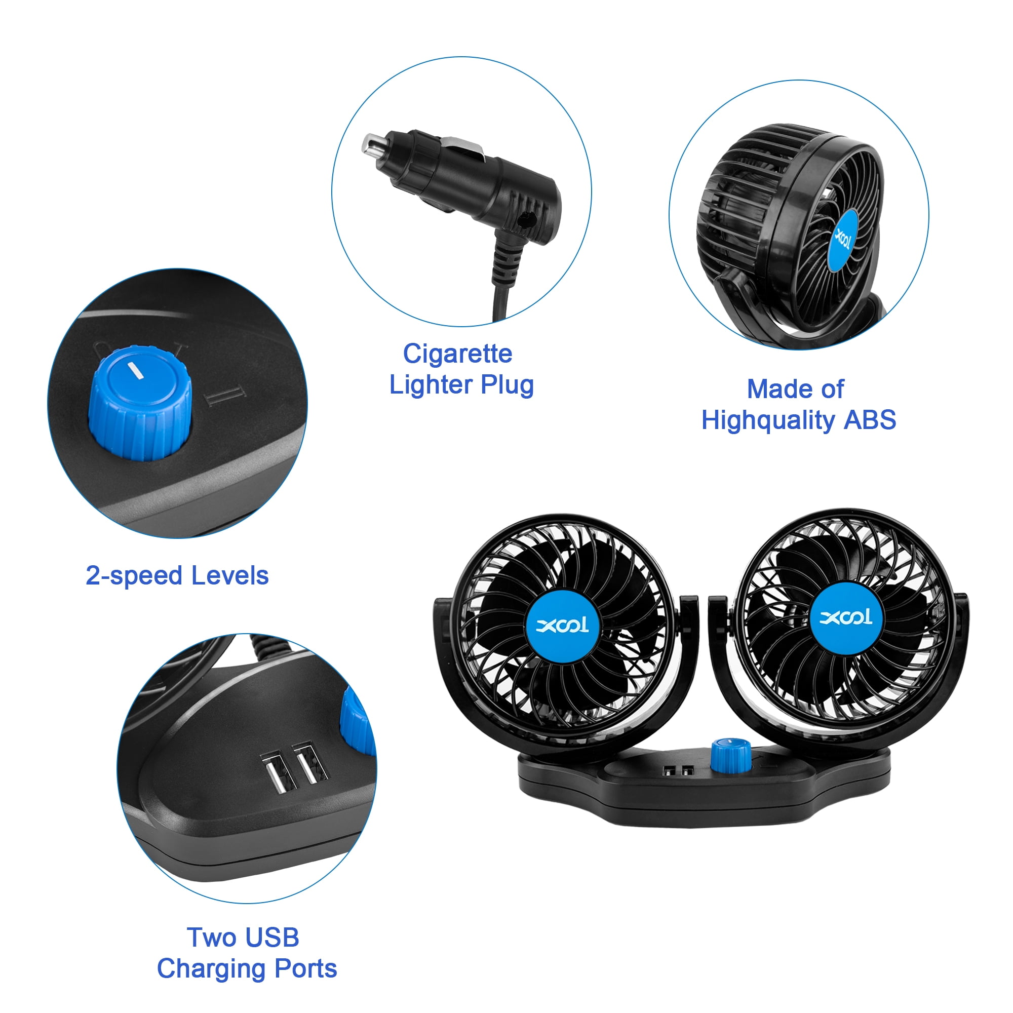 Car Fan, Electric Car Fan for Rear Seat Passenger Portable 360 Degree 12V Cooling Air Fan for SUV, RV, Vehicle (2 USB Charging Ports)