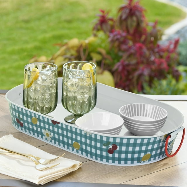 HomeTrends White Oval Tray with Cherry Pattern,19.88"x10.63"