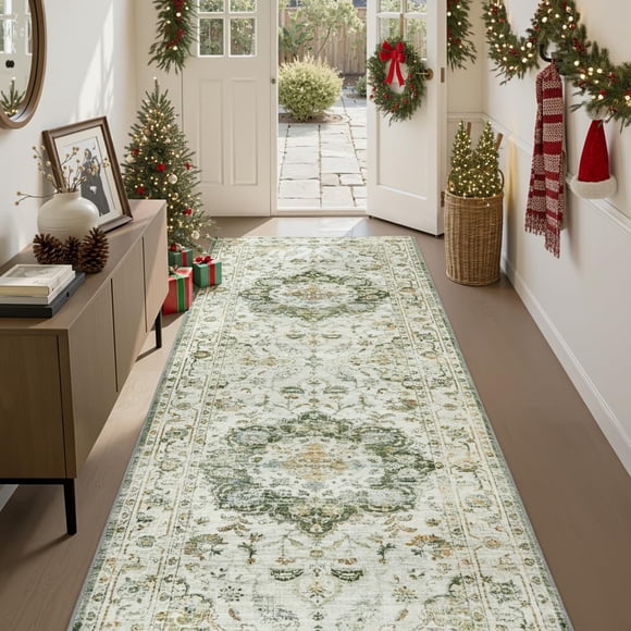 PADOOR 2X10 Runner Rug,Runners for Hallways,Soft Green Washable Bedside Rugs for Bedroom,Non Slip Long Rug for Hallways Entryway Laundry Room Stair K