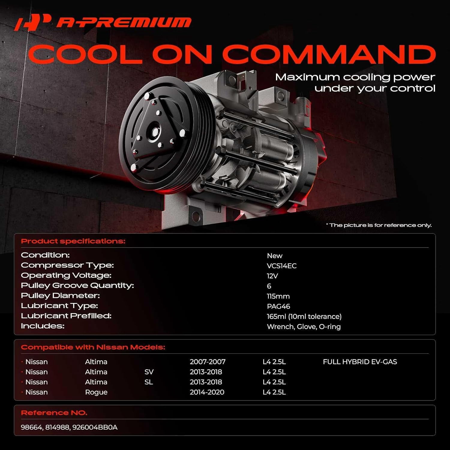 A-Premium AC Compressor with Clutch Compatible with Infiniti QX60 2014-2017 Nissan Altima 2013-2018 Pathfinder Rogue Rogue Select L4 2.5L