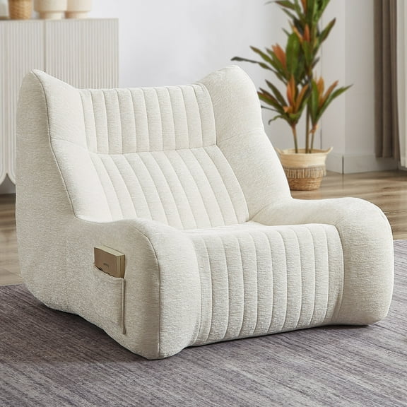 Giant Bean Bag Chairs for Adults, Chenille Lazy Floor Sofa with 21-inch High Backrests and Side Pocket, Cozy Accent Lounge Chair for Living Room, White
