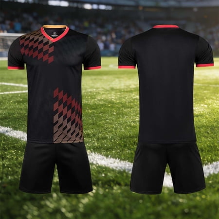 Ceisia Boys Soccer Uniform Set Quick Dry V Neck Jersey and Shorts with Geometric Print Breathable Sportswear for Kids Black S Gifts for Father
