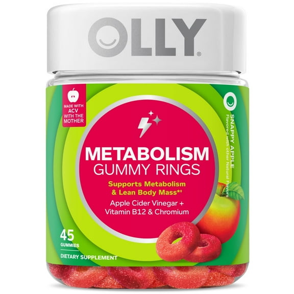 OLLY Metabolism Gummy Ring Supplement, Apple Cider Vinegar, Vitamin B12, Chromium Picolinate, Apple Flavored, 45 Ct