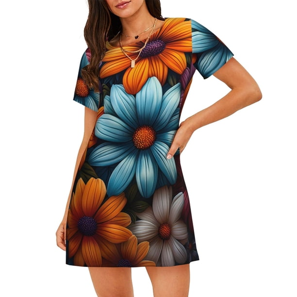 Balery Colorful Blooming Flowers Camisón de manga corta con cuello redondo para mujer, cómodo y elegante.