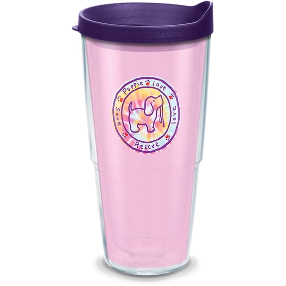 Tervis Made in USA Double Walled Puppie Love Insulated Tumbler Cup Keeps Drinks Cold & Hot, 24oz, Pink Tie Dye Pup