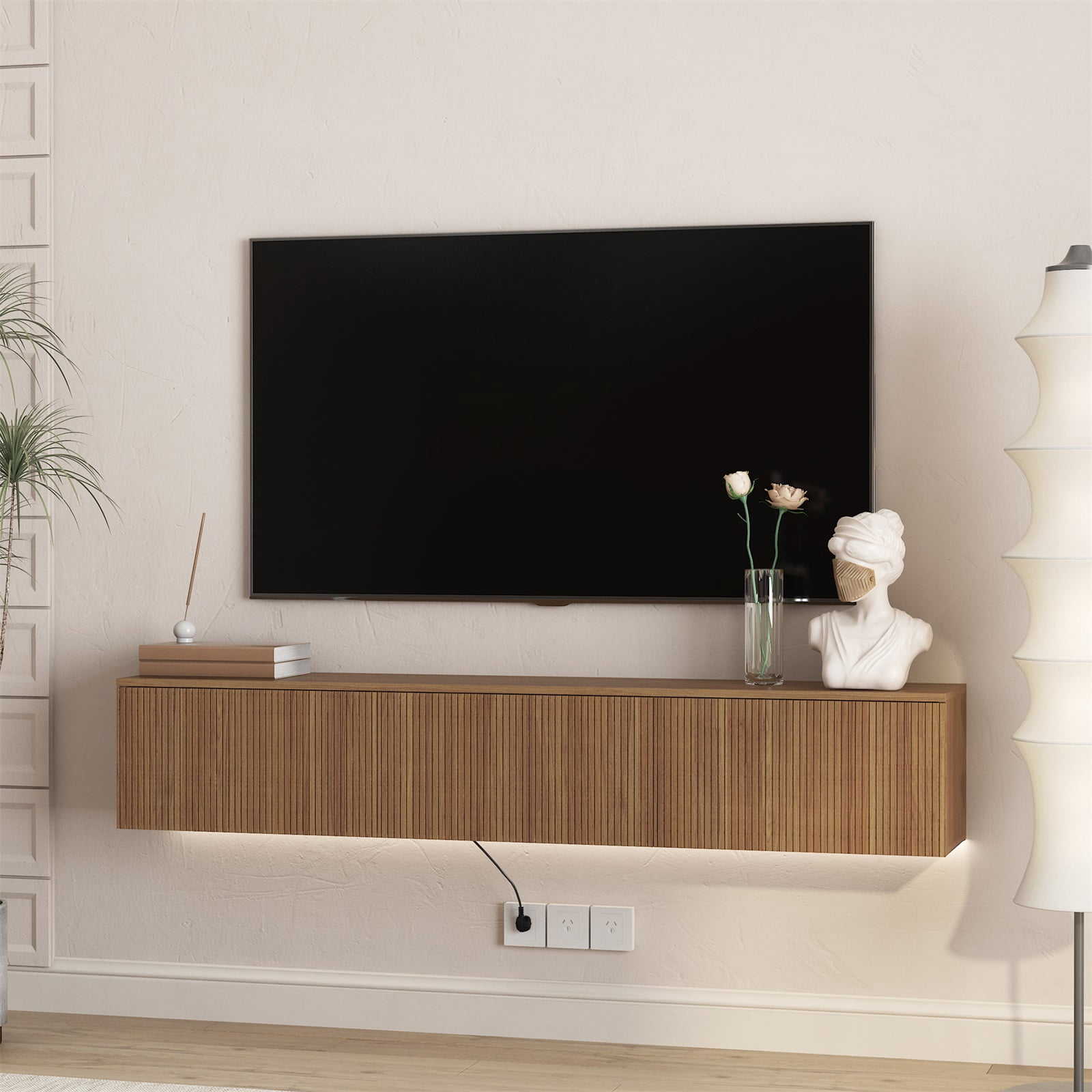 Hommoo 65" Modern Wall Mounted Floating TV Stand with 16 Color LEDs,Floating TV Cabinet Entertainment Center for 55"-65", Walnut