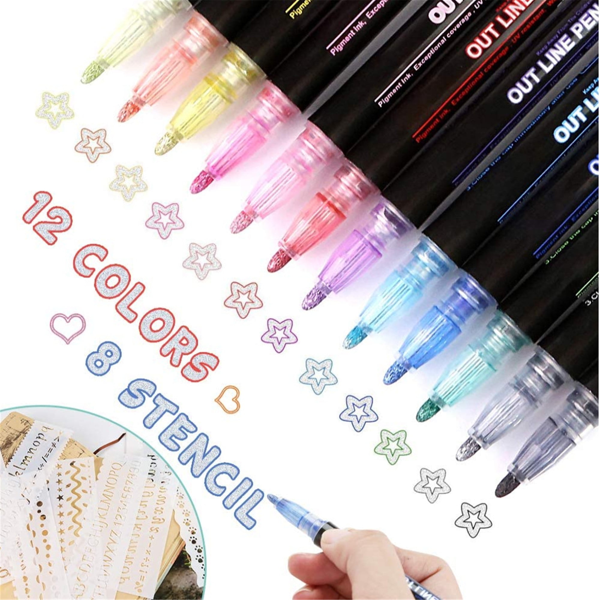 12 Colors Metallic Glitter Colorful Color Outline Marker Kawaii Art Marker Double Line Pen