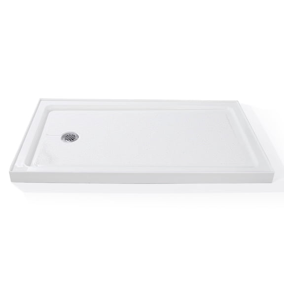 32" x 60" Shower Base with Left Stainless Steel Drain, Rectangular Acrylic Pan Tray – Slip Resistant Textured Surface for Modern Bathroom Floor, Easy Clean