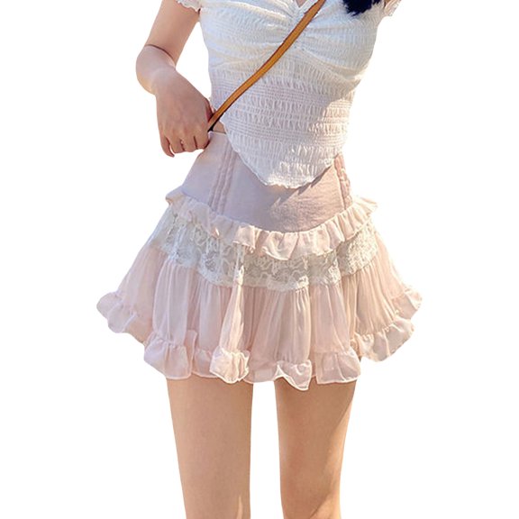 Coduop Women High Waist Pleated Skirts Retro Kawaii Lolita Mesh Stitching Hem A-line Skirt