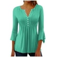 thumbnail image 2 of Maoxin Womens 3/4 Sleeve T Shirts Women's Solid Color Casual Button Pleated Belted Horn 3/4 Sleeve 3/4 Sleeve Tops for Women Green L, 2 of 5