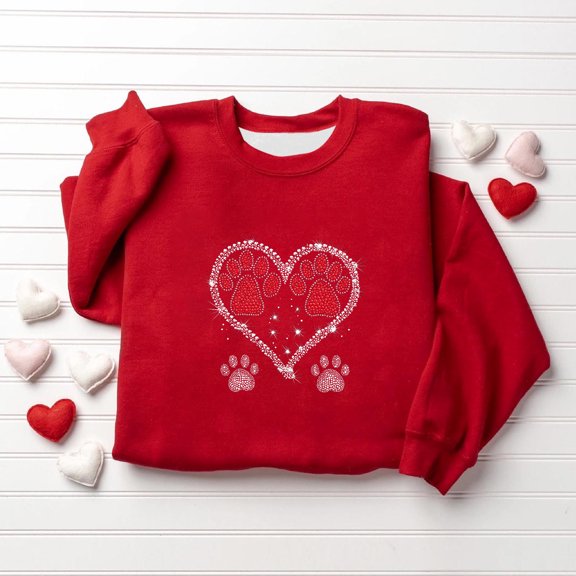 Girls' Pet Paw Print Heart Rhinestone Sweatshirt - Soft Stretchy 95% Polyester 5% Spandex Red Crewneck Long Sleeve Oversized Fit for Kids Ages 2-12,Size 10-11 T