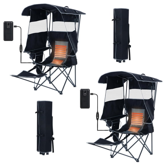 Heated Folding Camping Chair with Adjustable Canopy, Detachable Footrest & Shade, Portable Outdoor Chair for Sports & Camping (2 Pack)