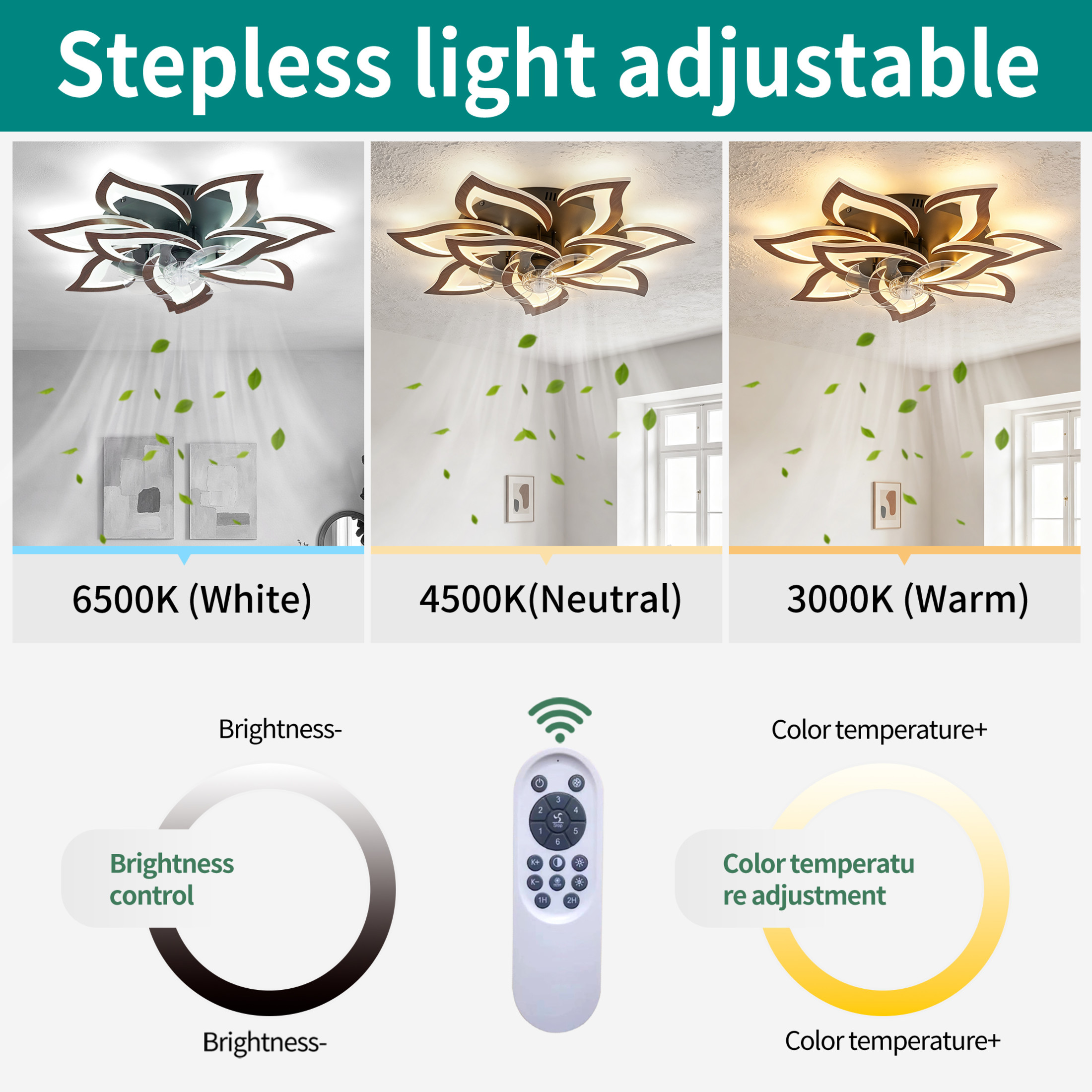 GDF Studio 10-Head Flower Modern Ceiling Fan with LED Lights & Remote Control, Low Profile Flush Mount Fandelier, Wood