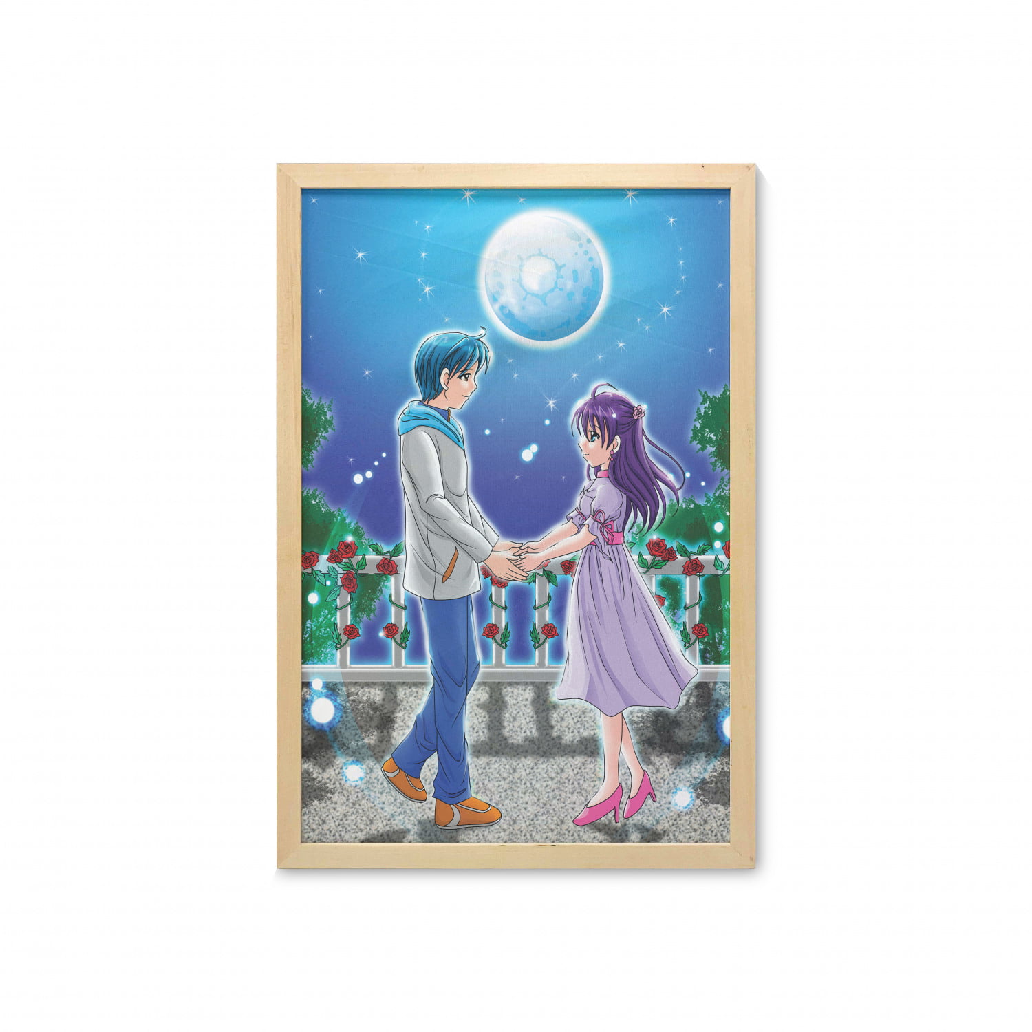 Anime Wall Art with Frame, Illustration Romantic Couple Holding Hands Under  Moonlight Love in Manga Themed Print, Printed Fabric Poster for Bathroom  Living Room, 23