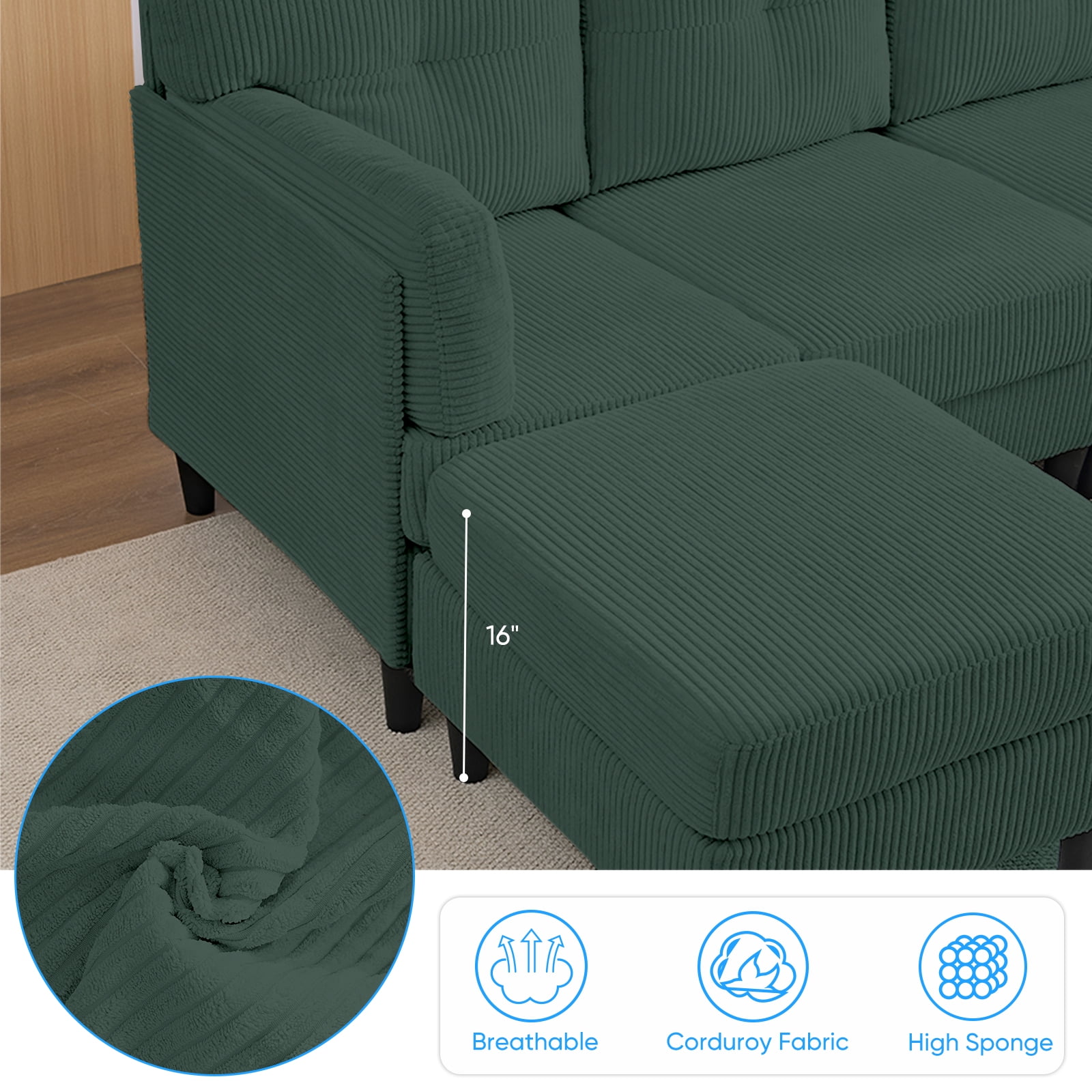 ijuicy Convertible U/L Shaped Sofa with Chaises, 6 Seater Couch for Living Room, Green