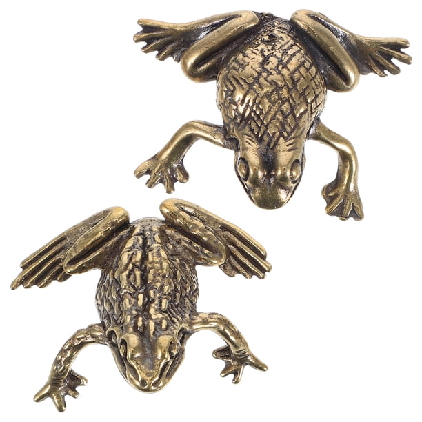 1 Juego de estatuas antiguas de ranas de latón, figura decorativa de sapo de latón, pequeña figura de latón dorada