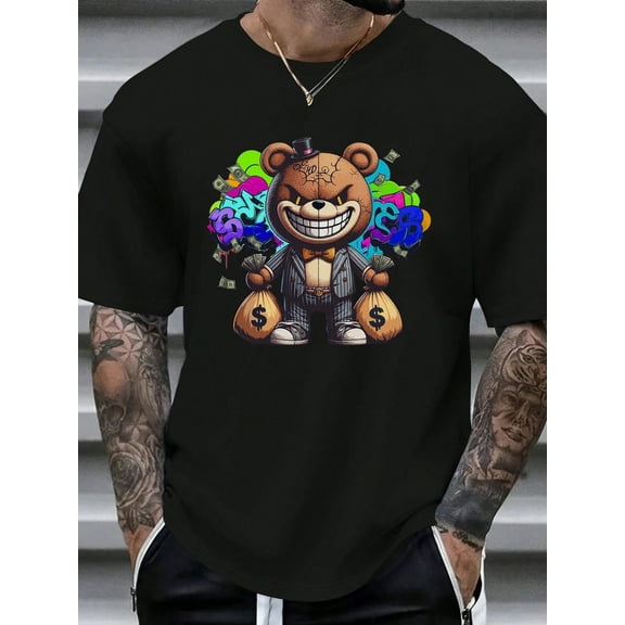 Men's summer cartoon bear printed T-shirt with round neck and short sleeves