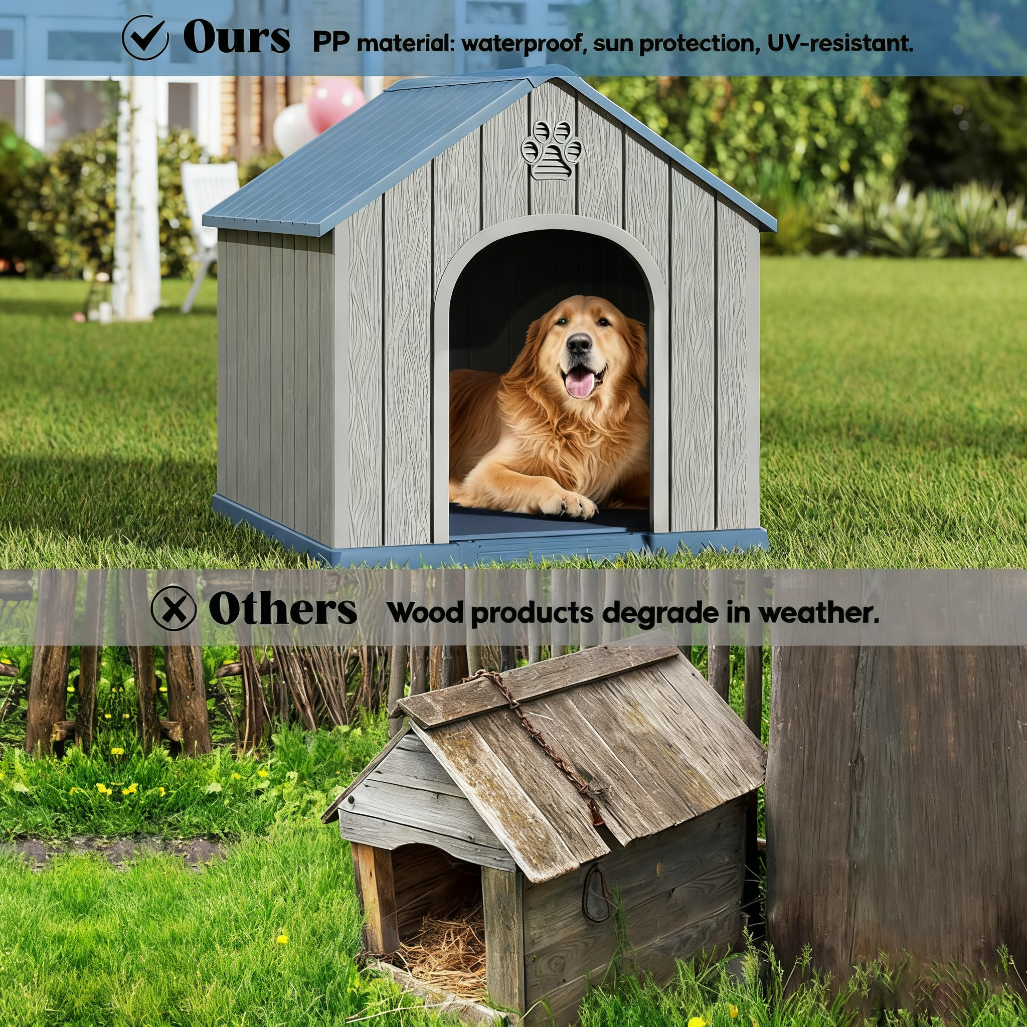 Decksplore Medium Dog House (26.2"x24.5"x25.8"), Waterproof, HDPE Dog Kennel with Air Vents, Elevated Floor, Bite-resistant, Wear-resistant (Gray)