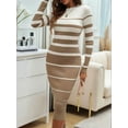 thumbnail image 4 of Female Fashion Striped Dress Long Sleeve Crew Neck Bodycon Midi Ribbed Knit Slim Fit Sweater Dress Khaki S, 4 of 8