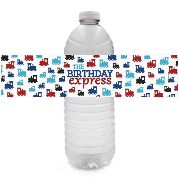 Red and Blue Train Birthday Party Water Bottle Labels - All Aboard the Birthday Express - 24 Count - Distinctivs