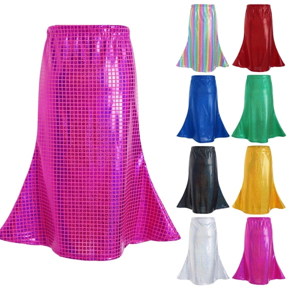 ZQUUVOU Girls Shiny Metallic Bodycon Long Skirts Party Rave Dance Mermaid Skirt Laser Sequin Performance Outfits Gold