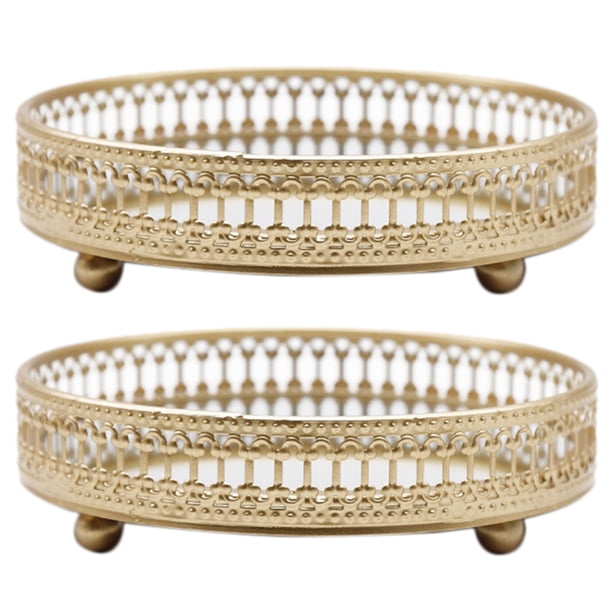 2X Bandeja de Almacenamiento de Joyas de Hierro Dorado Espejo de Vidrio Organizador de Maquillaje Bandeja de Exhibición Decorativa de Postre Cosmético de Escritorio 25cm