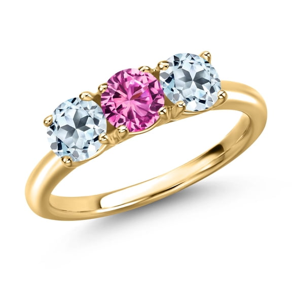 Gem Stone King 18K Yellow Gold Plated Silver Pink Created Sapphire and Sky Blue Topaz Engagement Ring for Women | 1.95 Cttw | Round 5MM | Gemstone September Birthstone | Size 6