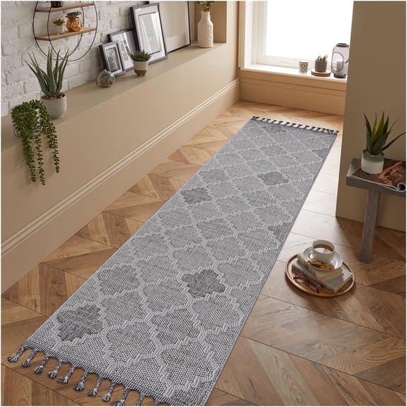 JERFIT Trellis Pattern Indoor Outdoor Rug 2x8, Low Pile Non-Shedding Area Carpet, Stain Resistant Polypropylene, for Living Room Bedroom Patio, White and Gray