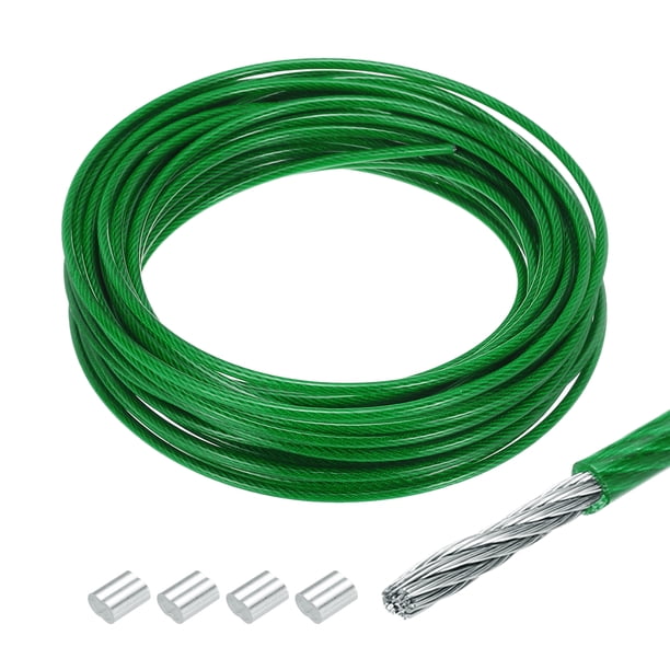 Uxcell 33Ft(10m) Cable de alambre de acero inoxidable 304 recubierto de vinilo de 1/8"(3mm) con 4 piezas de manguitos de aluminio verde