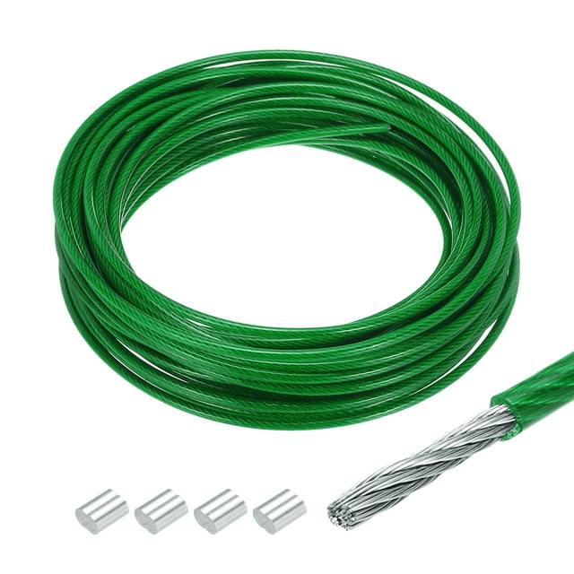 Uxcell Cable de acero de 33 pies de acero inoxidable 304 recubierto de vinilo de 1/8" con 4 piezas de manguitos de aluminio verdes