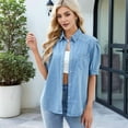 thumbnail image 4 of Womens Denim Shirt Business Casual Button Down Work Blouses Puff Sleeve Summer Tops Blue S, 4 of 8
