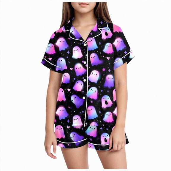 NOLDARES Girls Halloween 2PCS Pajama Sets Button Down Short Sleeve with Shorts Sleepwear Fall Winter Cute Lounge Outfit Sets for Teens,Purple,2-3 Y
