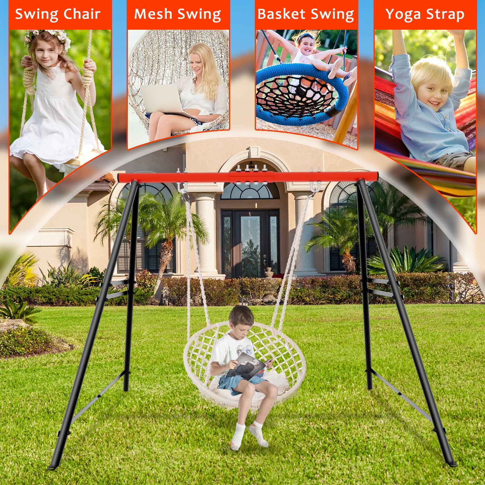 Swing Sets for Backyard, Swingset Outdoor for Kids, Toddler Porch Swing, Metal A-Frame Swing Stand for Indoor, Adult Backyard Swing Frame, Easy to Assemble, Red (without Swing)