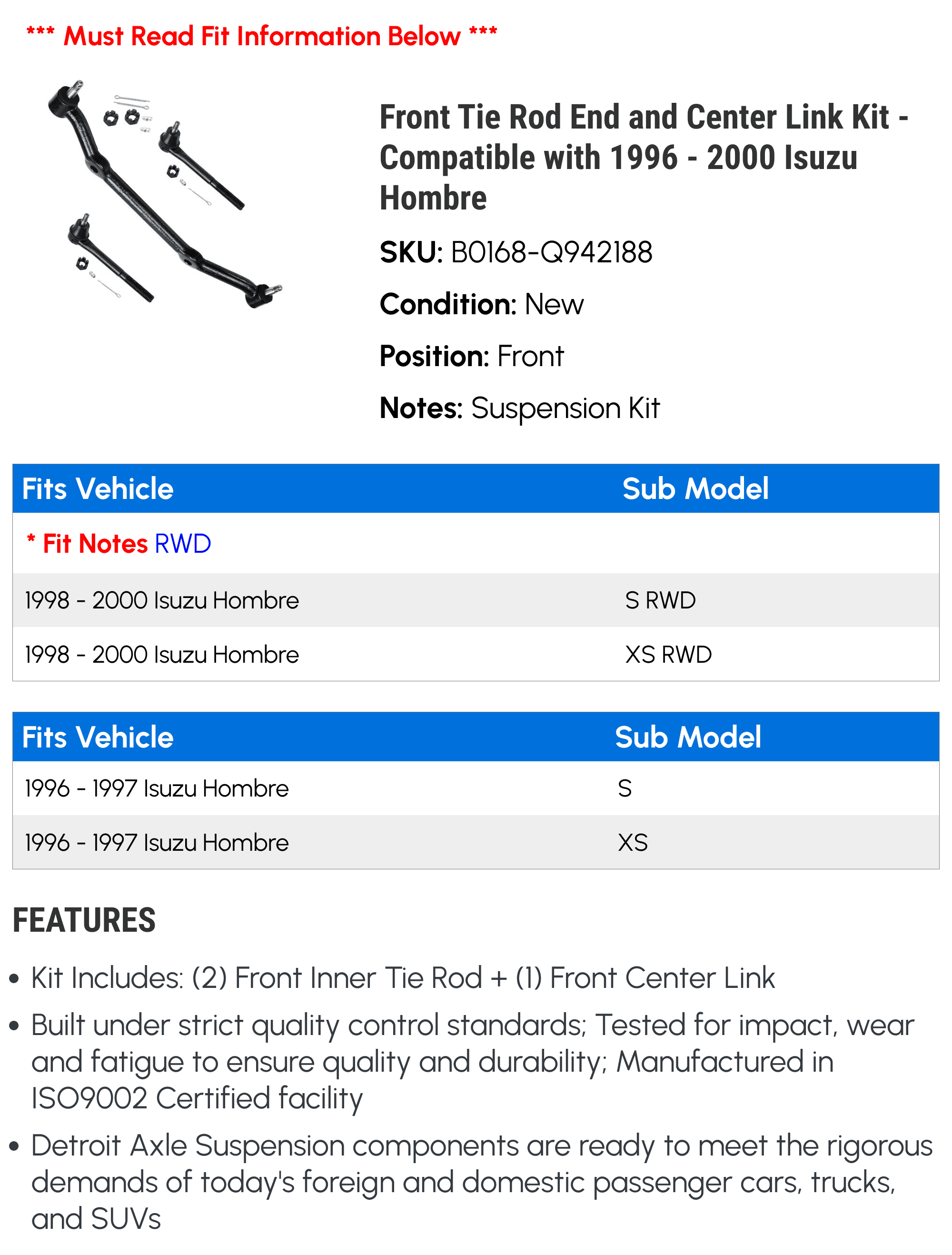 Front Tie Rod End and Center Link Kit - Compatible with 1996 - 2000 Isuzu Hombre 1997 1998 1999