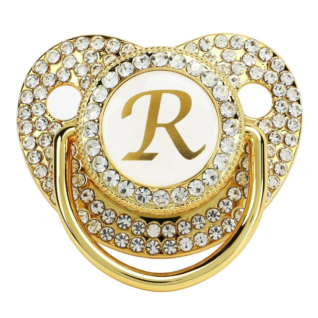 Chupete Baby Bling con clip dorado y letra curvada con funda antipolvo para recién nacidos (letra R)