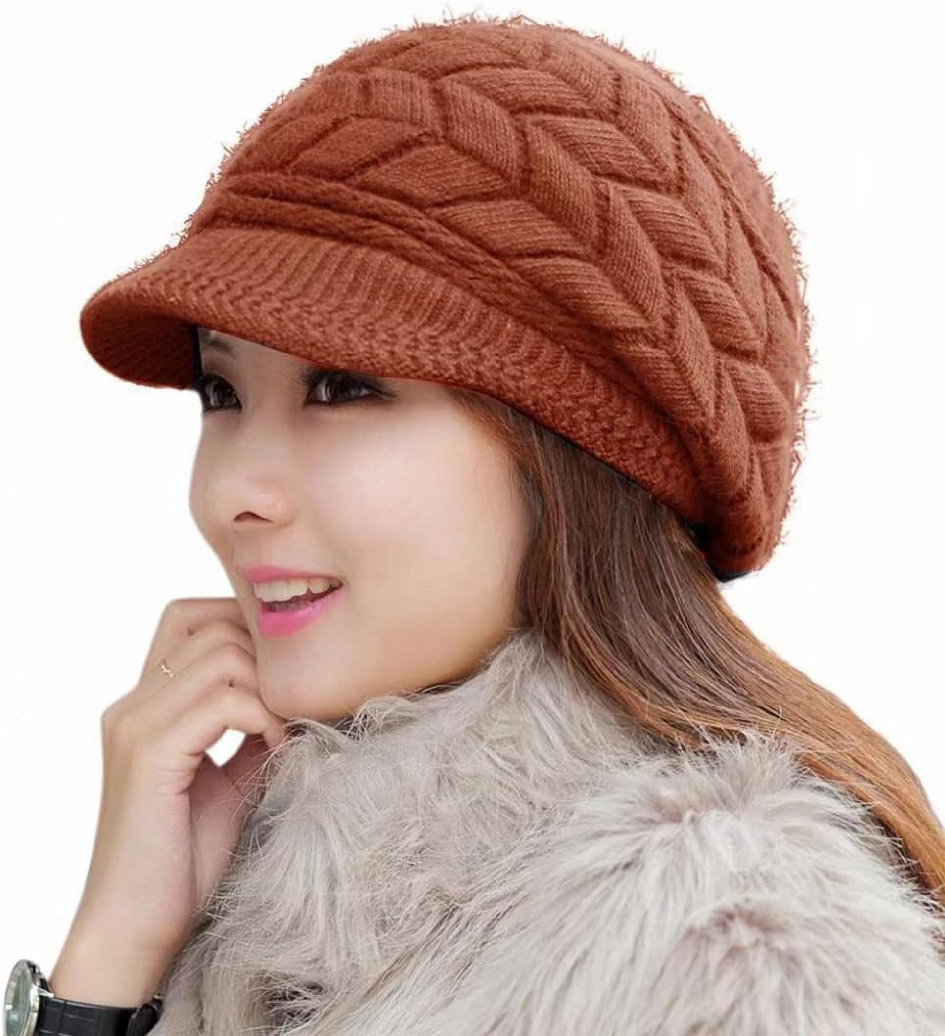 2 Pack Women\'s Winter Warm Knit Hat Wool Snow Ski Caps with Visor Women Winter Knit Hats with Visor Brim Double Layer Fleece  main image 2