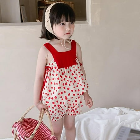 

Summer Girls Korean Cute Cothing Set 2Pcs/Set Baby Kids Korean Suspender Polka Dot tops+Shorts for 3-8Year Children Outfit